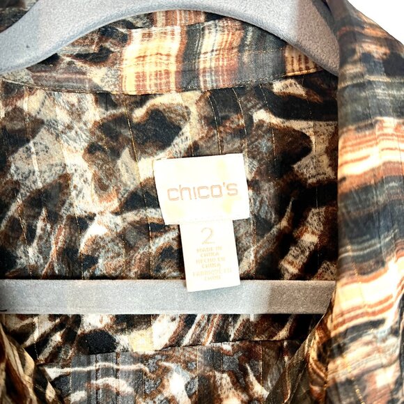 Chico's Long-Lined Brown Aviana Striped Leopard Print Sheer Blouse Tunic Size L - Picture 2 of 5